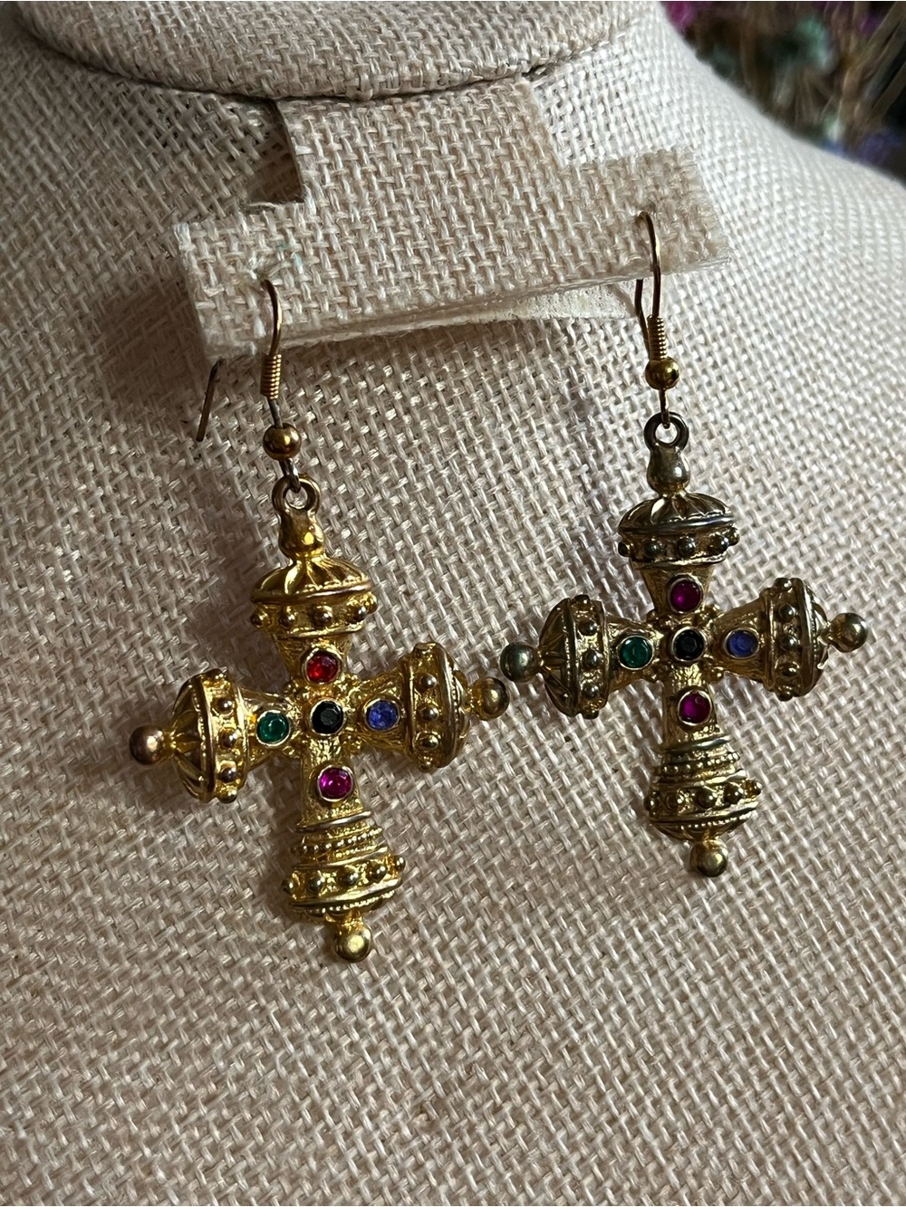 Gold-Tone Multicolor Cross Drop Earrings